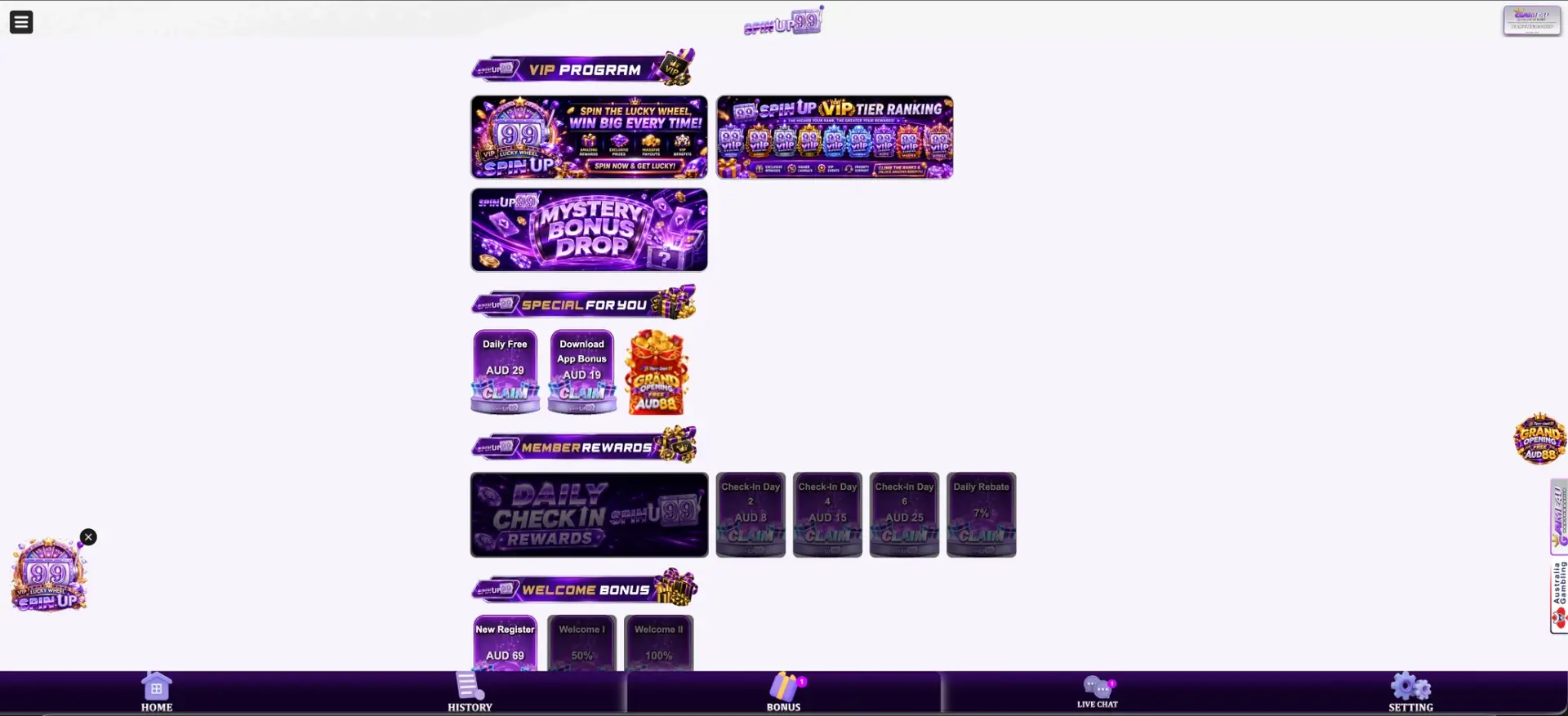SpinUp99 VIP programme and weekly bonuses