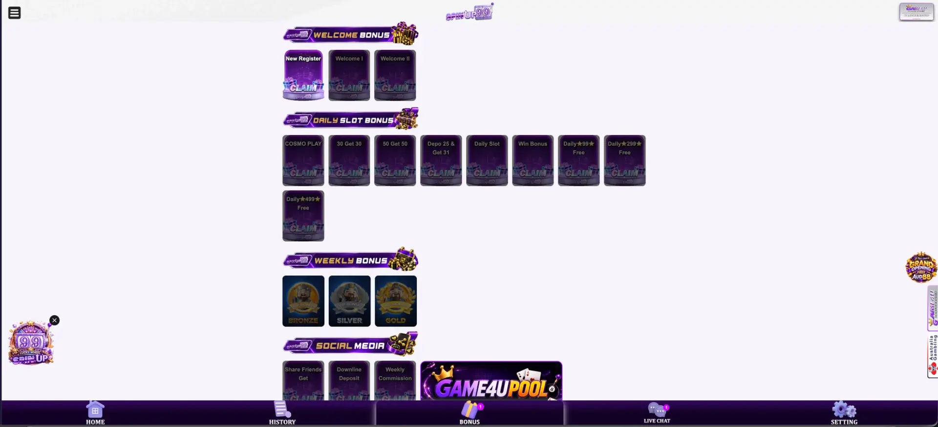 SpinUp99 welcome and daily bonuses